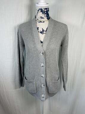 LOFT Heather Gray 100% Cotton Shaker Knit V-Neck Cardigan Sweater with Pockets